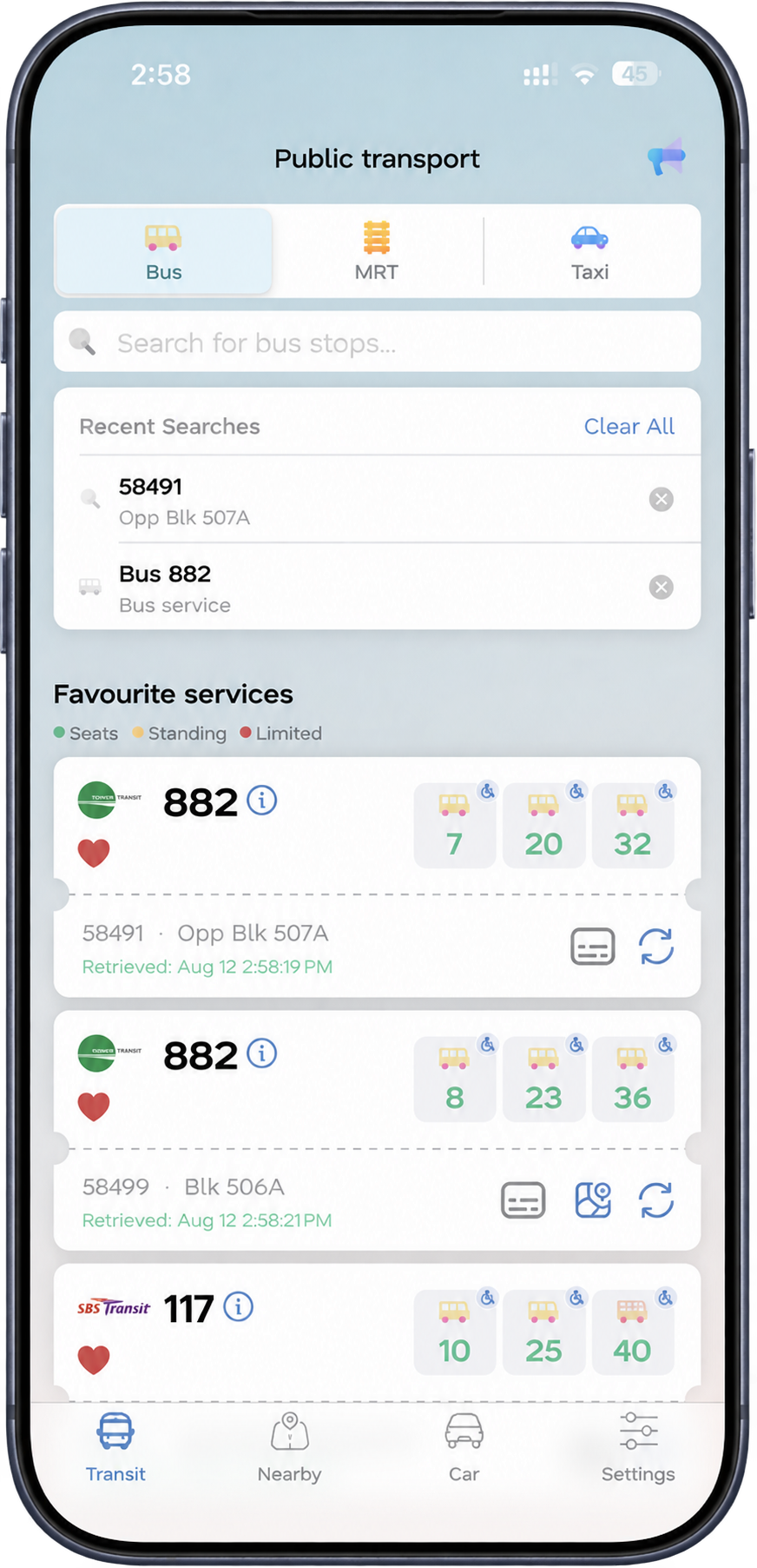 Jalan showing live bus arrivals and favourite services
