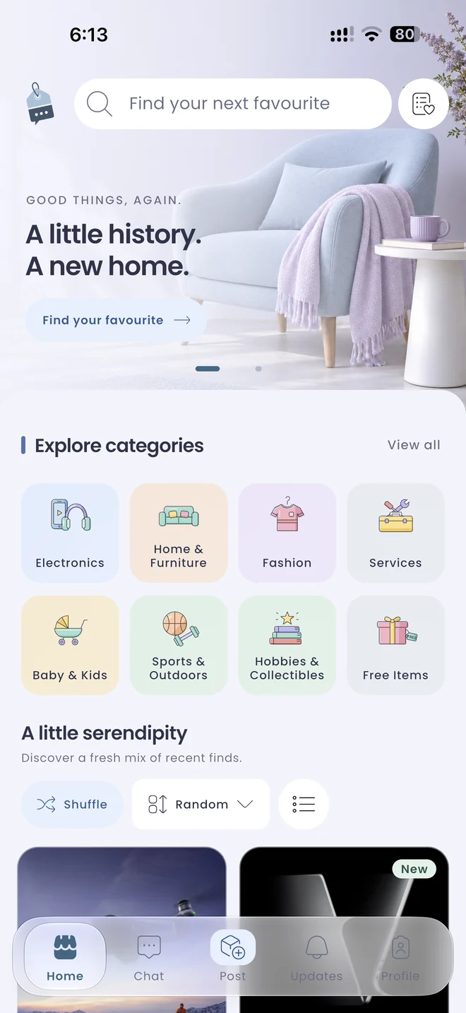 Second Story showing local pre-loved listings and shopping categories